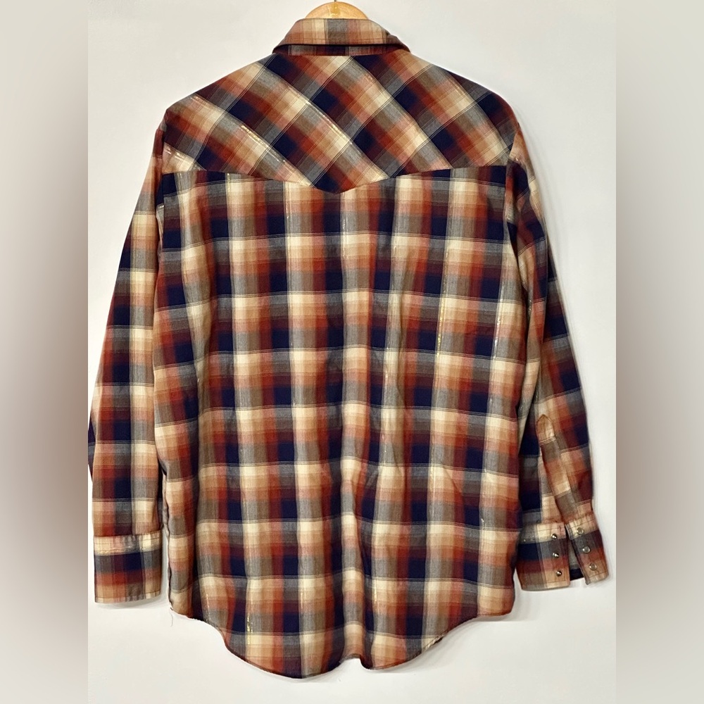 Men's Plains Pearl Snap Plaid Shirt- Blue and Brown size‎ large - Picture 4 of 5